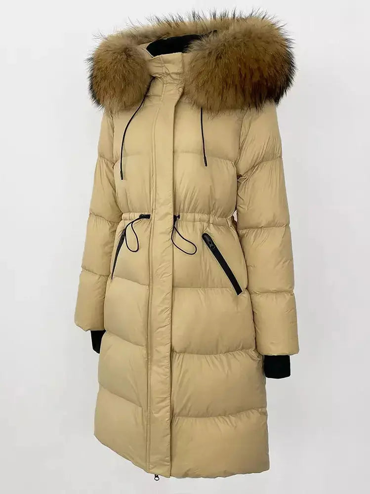 Drawstring Waist Long Down Coat in Beige with Natural Fur Hood - Coats