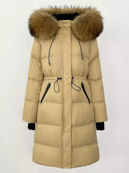 Drawstring Waist Long Down Coat in Beige with Natural Fur Hood - Coats