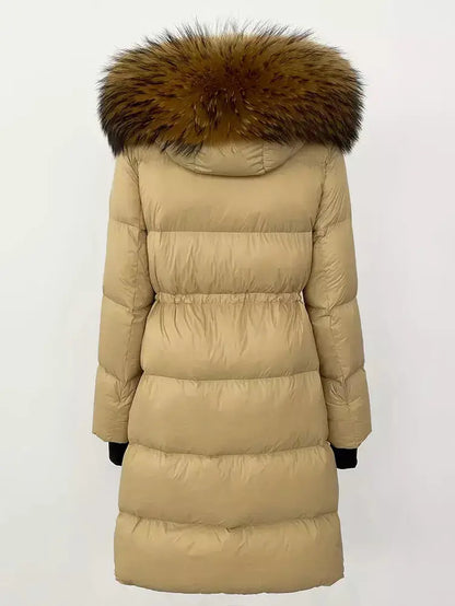 Drawstring Waist Long Down Coat in Beige with Natural Fur Hood - Coats