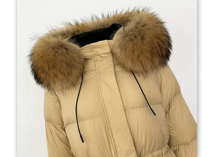 Drawstring Waist Long Down Coat in Beige with Natural Fur Hood - Coats