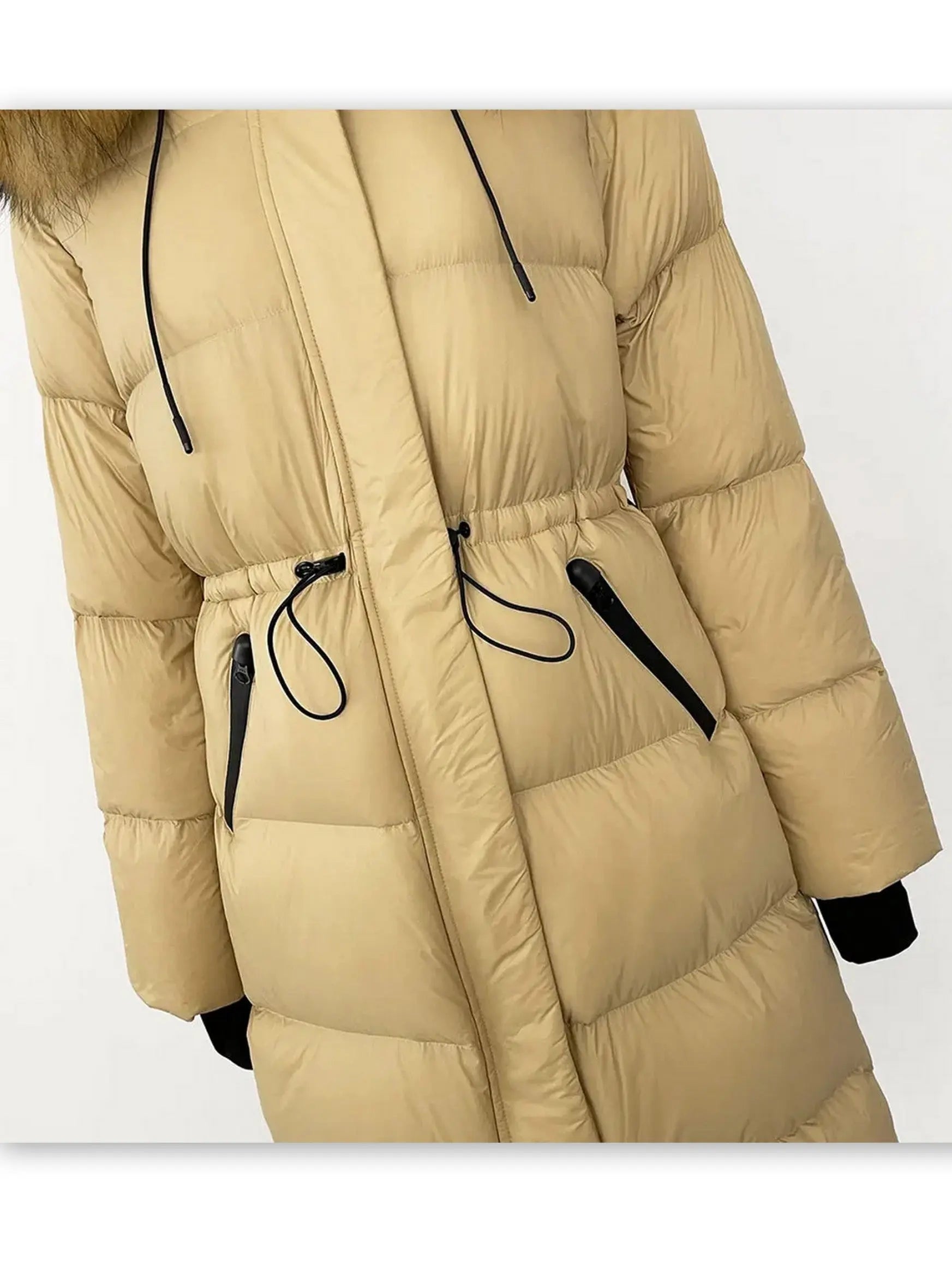 Drawstring Waist Long Down Coat in Beige with Natural Fur Hood - Coats