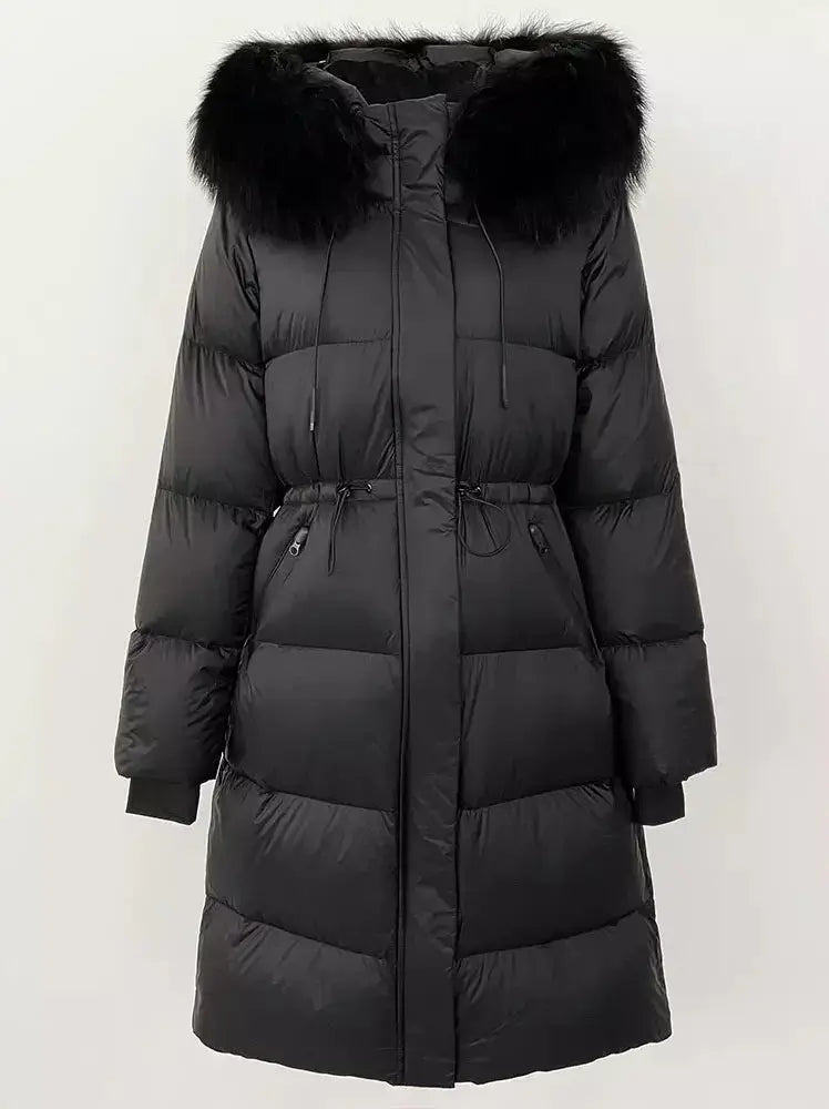 Drawstring Waist Long Down Coat in Black with Black Fur Hood - Coats