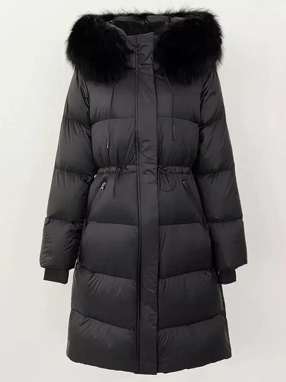 Drawstring Waist Long Down Coat in Black with Black Fur Hood - Coats