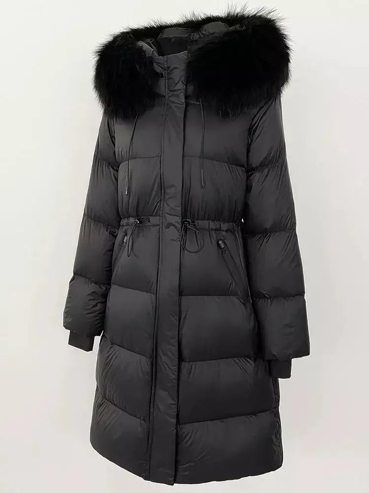 Drawstring Waist Long Down Coat in Black with Black Fur Hood - Coats