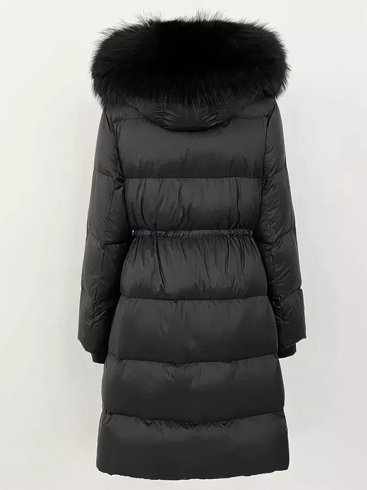 Drawstring Waist Long Down Coat in Black with Black Fur Hood - Coats