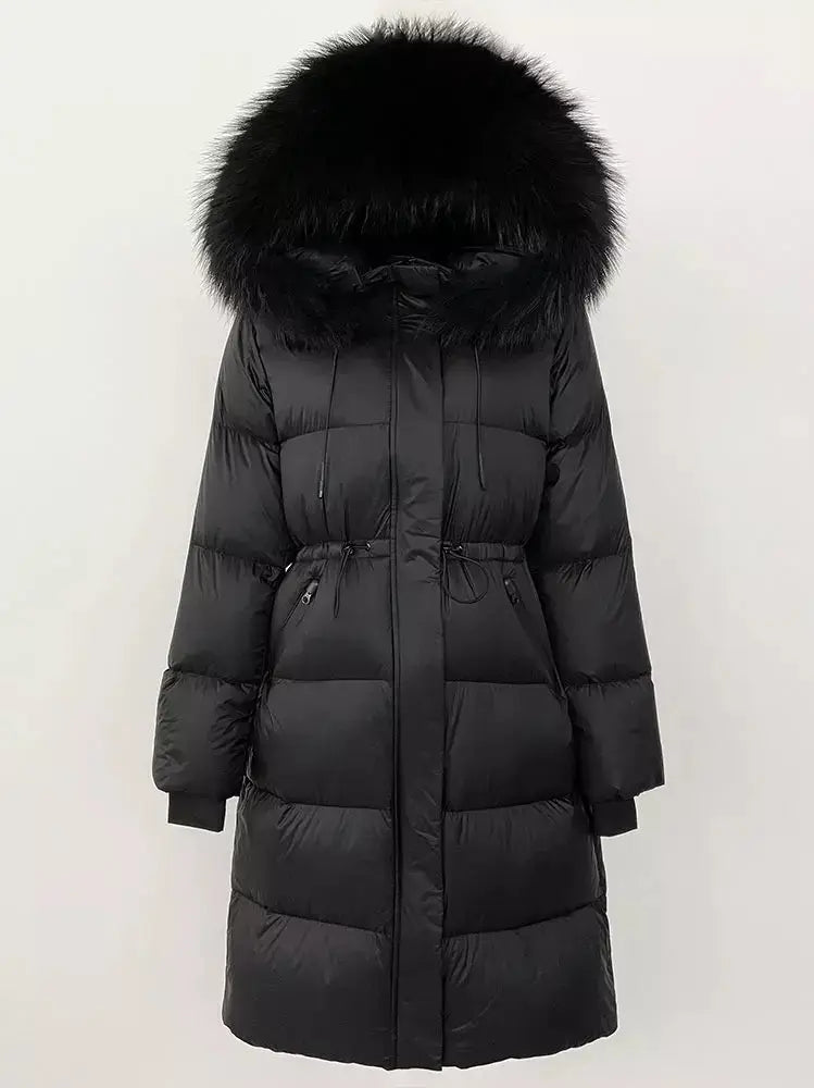 Drawstring Waist Long Down Coat in Black with Black Fur Hood - Coats