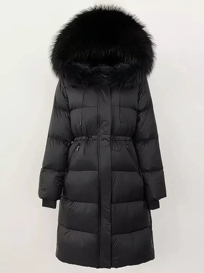 Drawstring Waist Long Down Coat in Black with Black Fur Hood - Coats