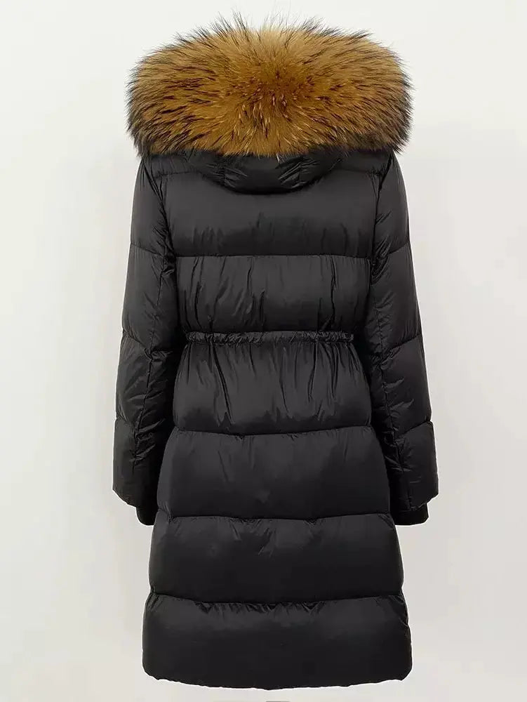 Drawstring Waist Long Down Coat in Black with Natural Fur Hood - Coats