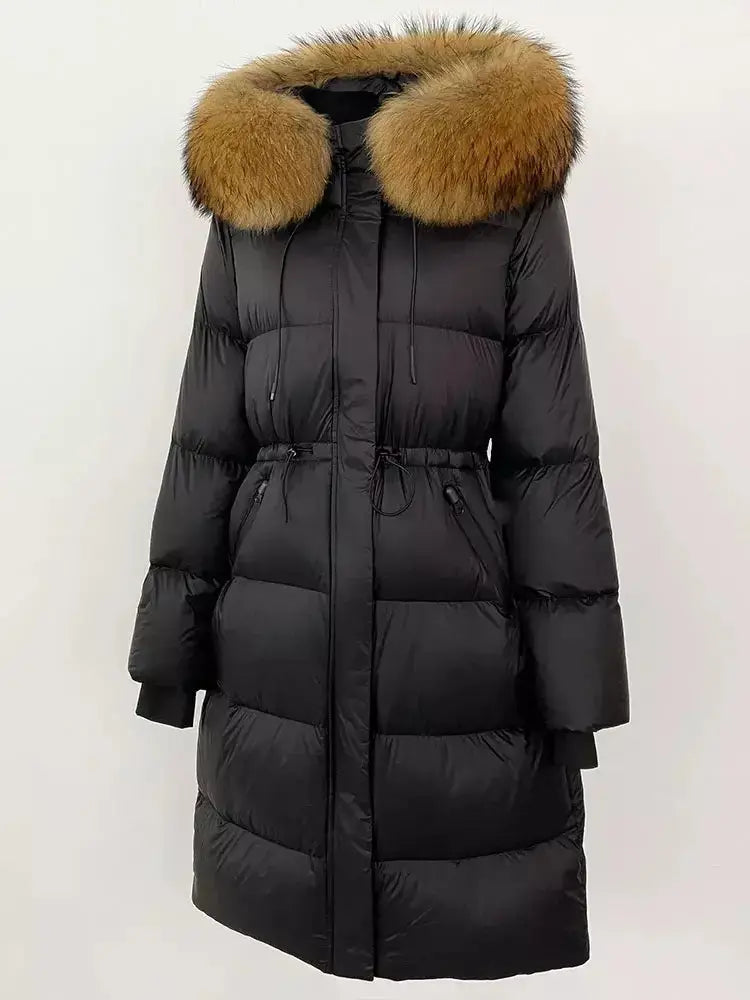 Drawstring Waist Long Down Coat in Black with Natural Fur Hood - Coats