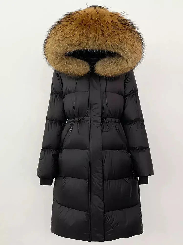 Drawstring Waist Long Down Coat in Black with Natural Fur Hood - Coats