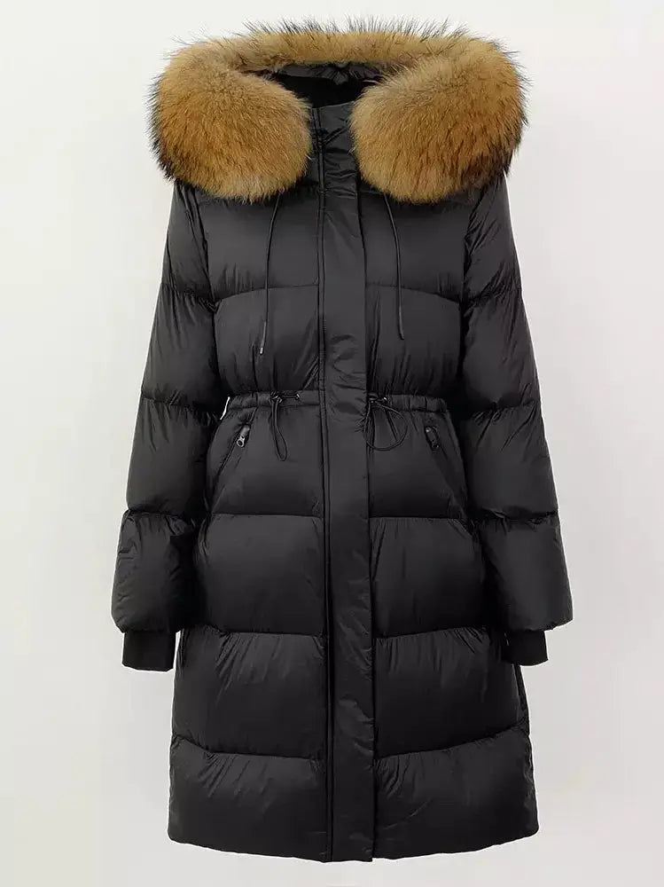 Drawstring Waist Long Down Coat in Black with Natural Fur Hood - Coats