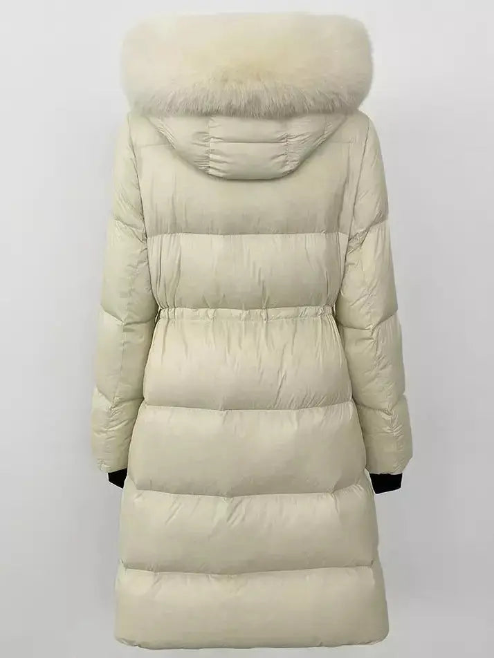 Drawstring Waist Long Down Coat in White with Natural Fur Hood - Coats