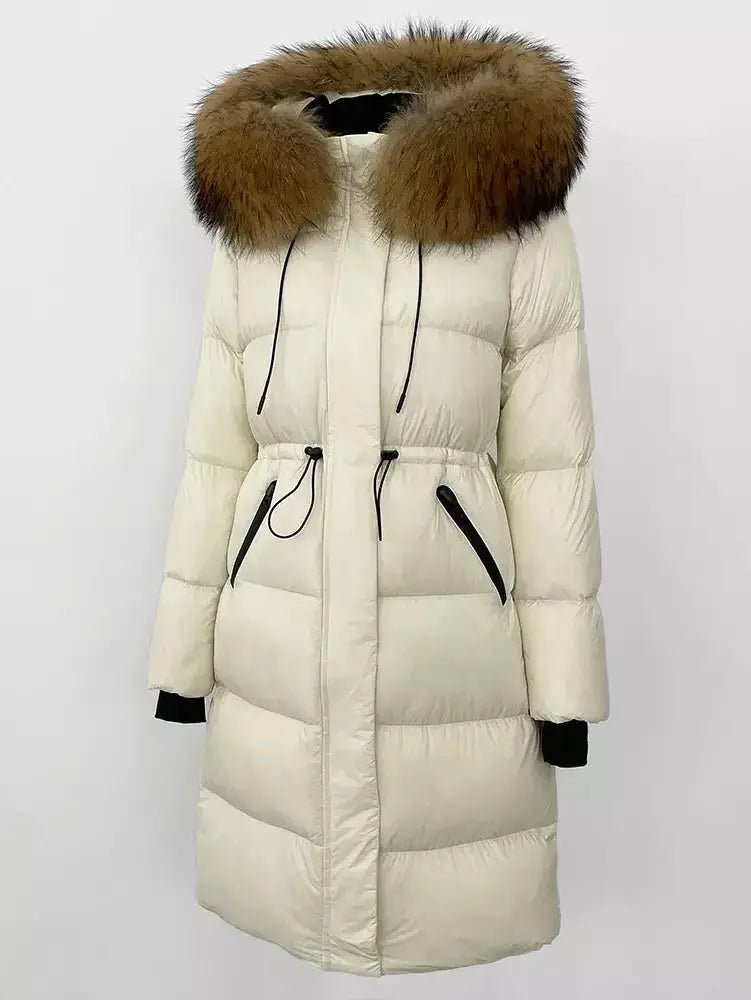 Drawstring Waist Long Down Coat in White with Natural Fur Hood - Coats