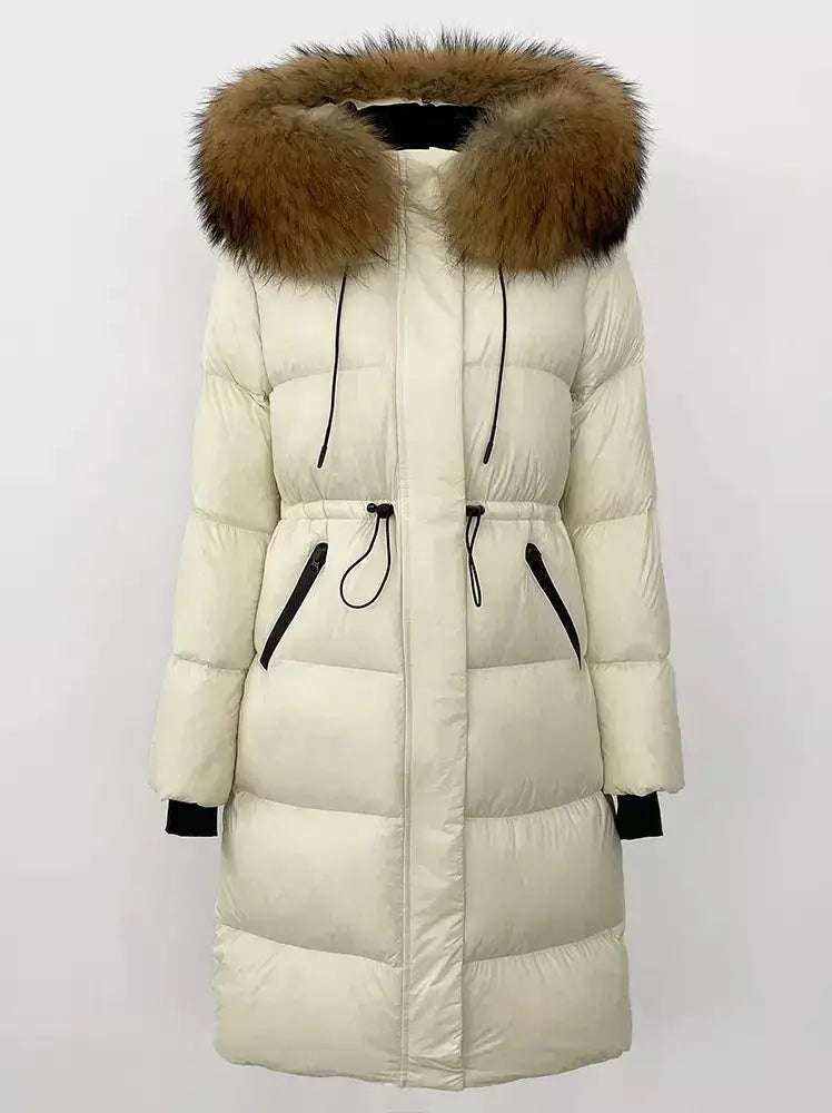 Drawstring Waist Long Down Coat in White with Natural Fur Hood - Coats