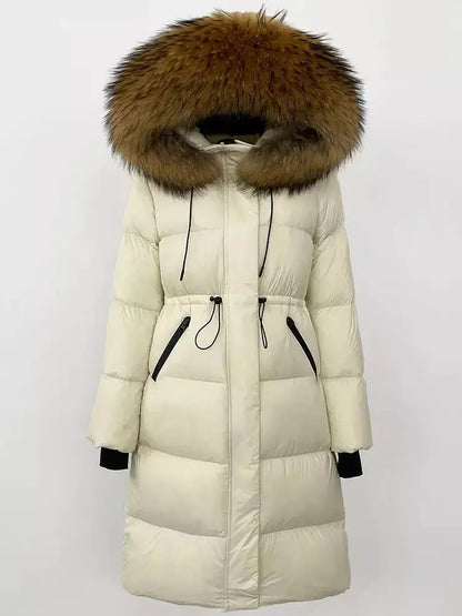 Drawstring Waist Long Down Coat in White with Natural Fur Hood - Coats