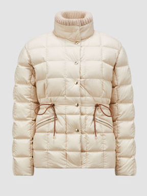 Drawstring-Waist Puffer Down Jacket with Partial Knit Collar - Jackets