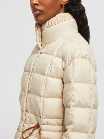 Drawstring-Waist Puffer Down Jacket with Partial Knit Collar - Jackets