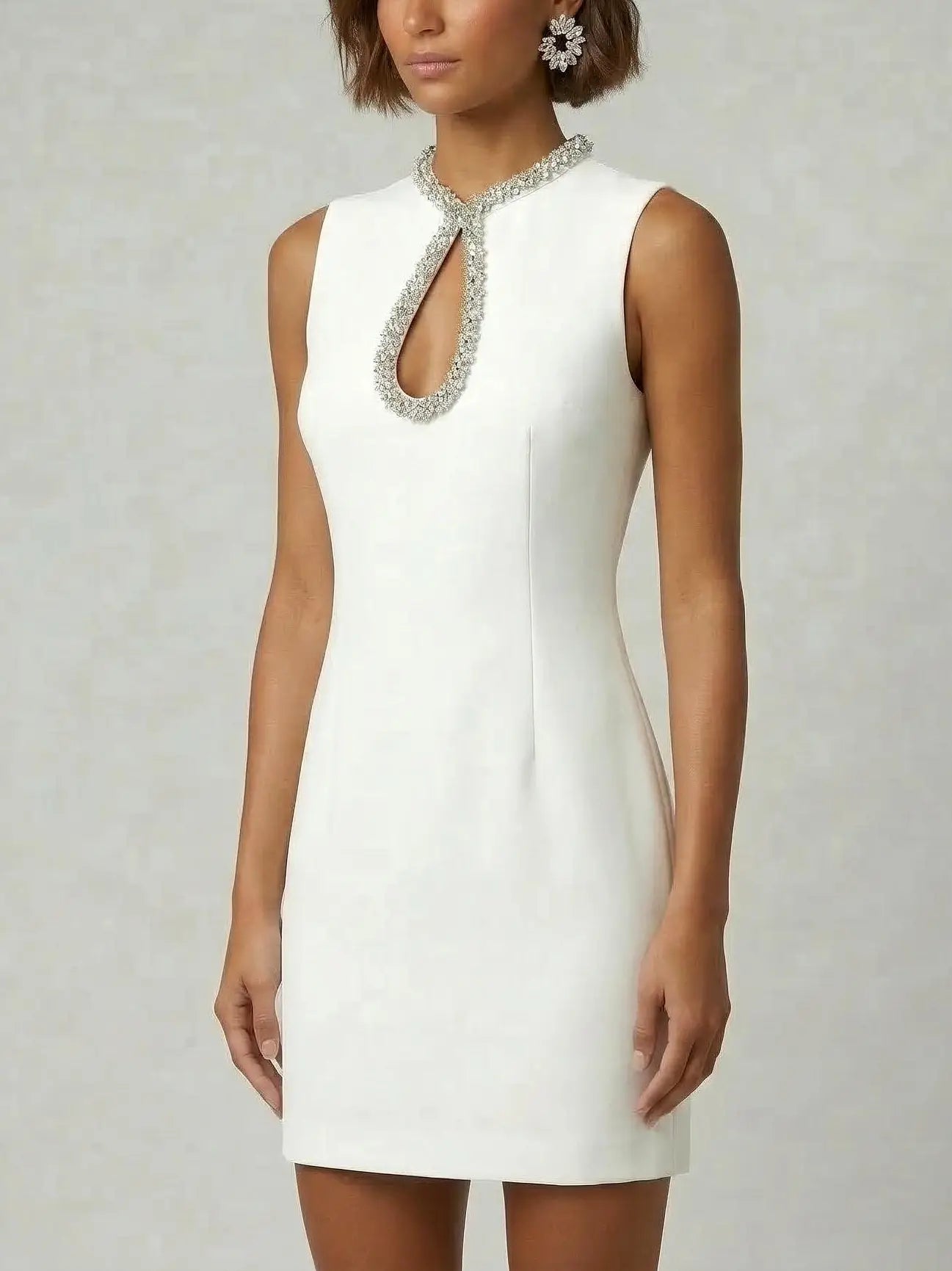 Embellished Keyhole Collar Sleeveless Mini Dress - Dresses