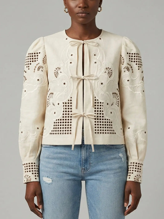 Cream Embroidered Tie-Front Blouse - Small - Tops