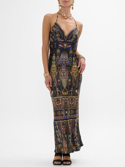Egyptian Print Silk Slip Dress - S - Dresses