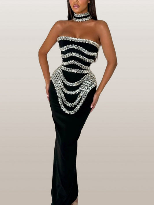 Embellished Black Strapless Stretch Bodycon Maxi Dress - Dresses