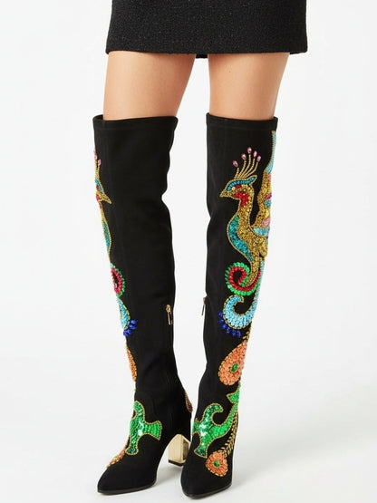 Embellished Black Suede Over-The-Knee Boots - Footwear