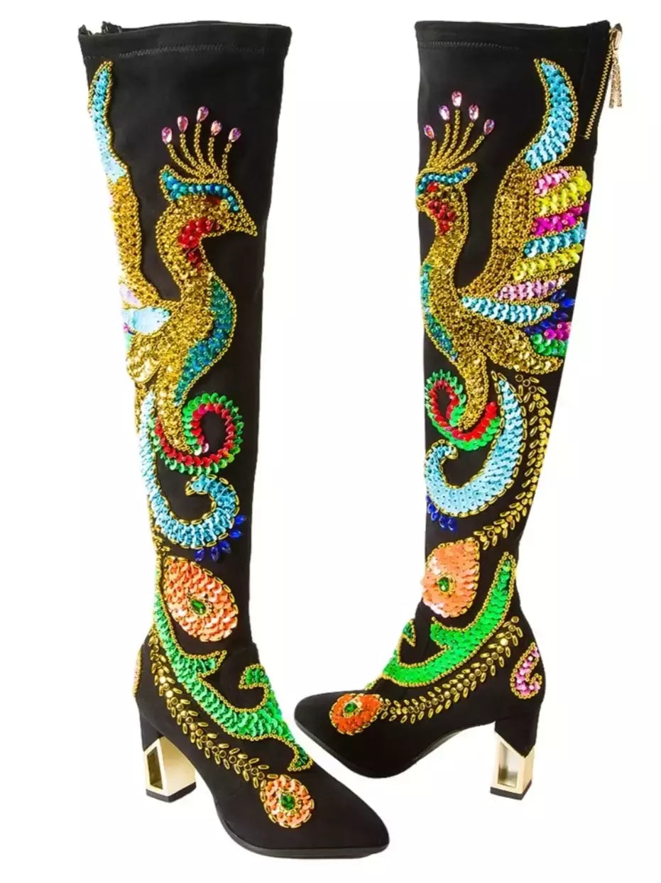 Embellished Black Suede Over-The-Knee Boots - Footwear