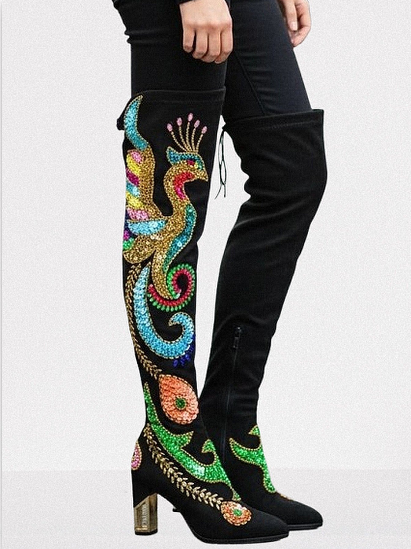Embellished Black Suede Over-The-Knee Boots - Footwear