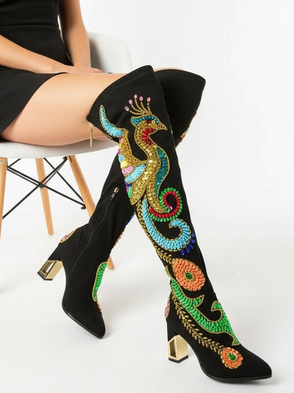 Embellished Black Suede Over-The-Knee Boots - Footwear