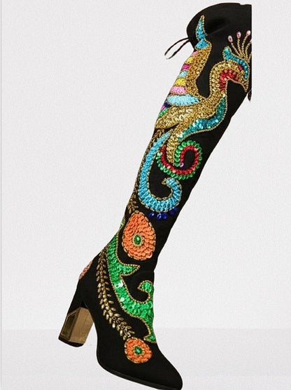 Embellished Black Suede Over-The-Knee Boots - Footwear