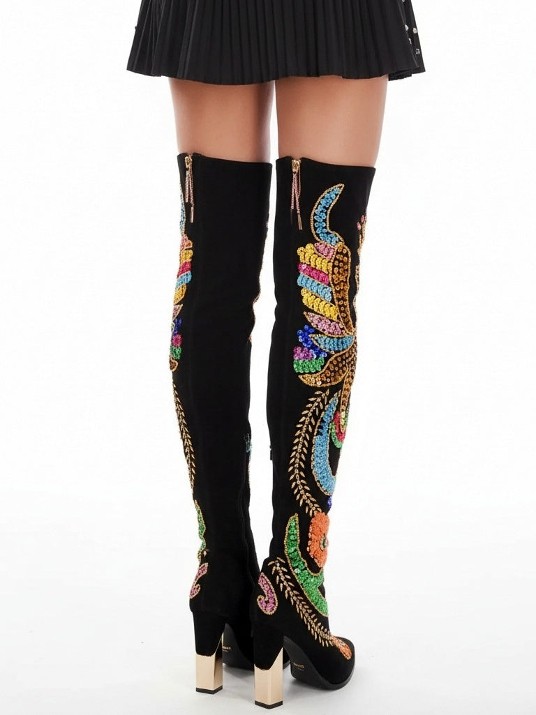 Embellished Black Suede Over-The-Knee Boots - Footwear