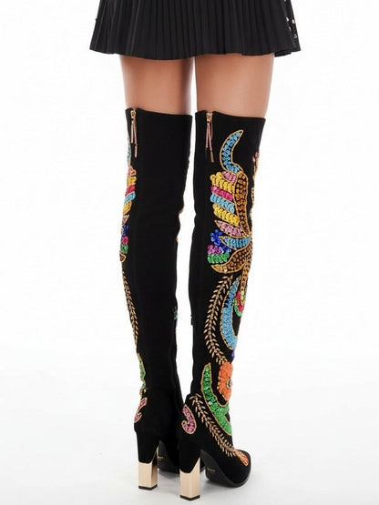 Embellished Black Suede Over-The-Knee Boots - Footwear