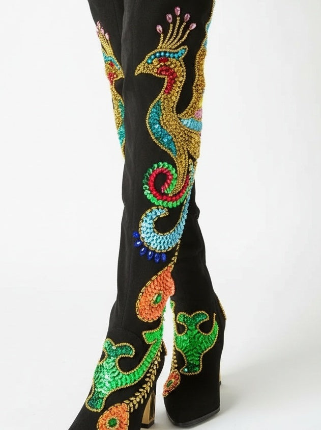 Embellished Black Suede Over-The-Knee Boots - Footwear