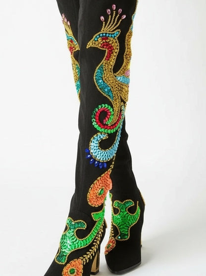 Embellished Black Suede Over-The-Knee Boots - Footwear