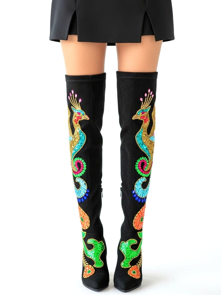 Embellished Black Suede Over-The-Knee Boots - Footwear