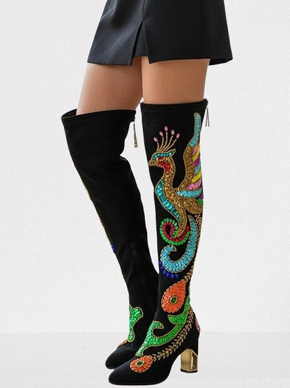 Embellished Black Suede Over-The-Knee Boots - Footwear