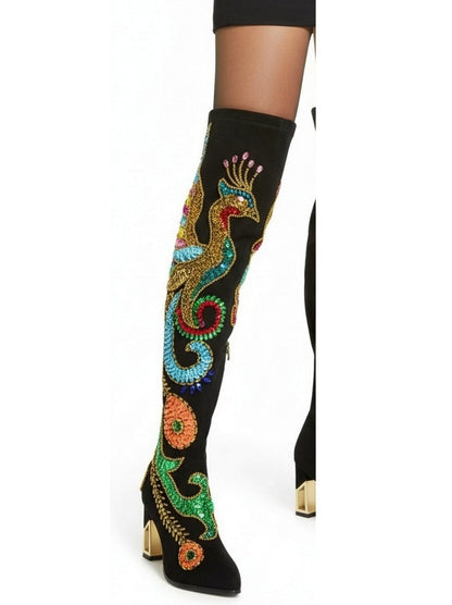Embellished Black Suede Over-The-Knee Boots - Footwear