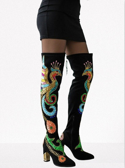 Embellished Black Suede Over-The-Knee Boots - Footwear