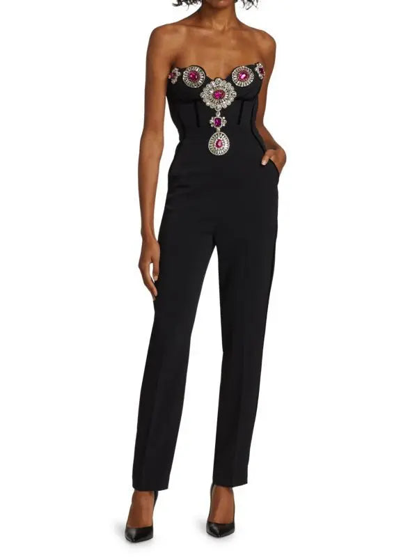 Embellished Bustier-Corset Style Black Strapless Jumpsuit - Suits & Sets