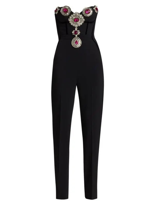 Embellished Bustier-Corset Style Black Strapless Jumpsuit - Suits & Sets