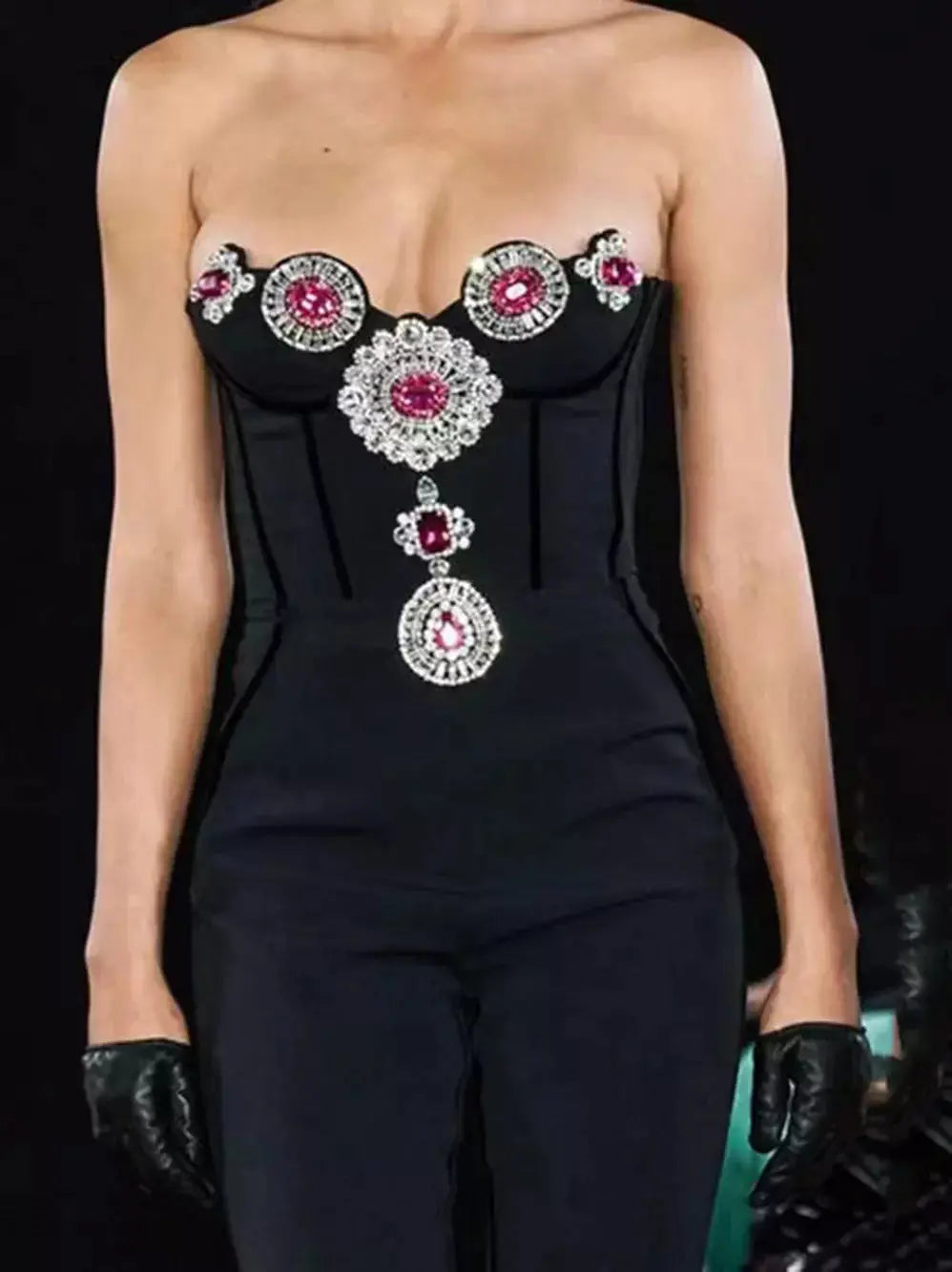 Embellished Bustier-Corset Style Black Strapless Jumpsuit - Suits & Sets