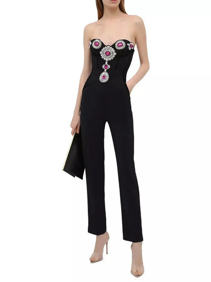 Embellished Bustier-Corset Style Black Strapless Jumpsuit - Suits & Sets