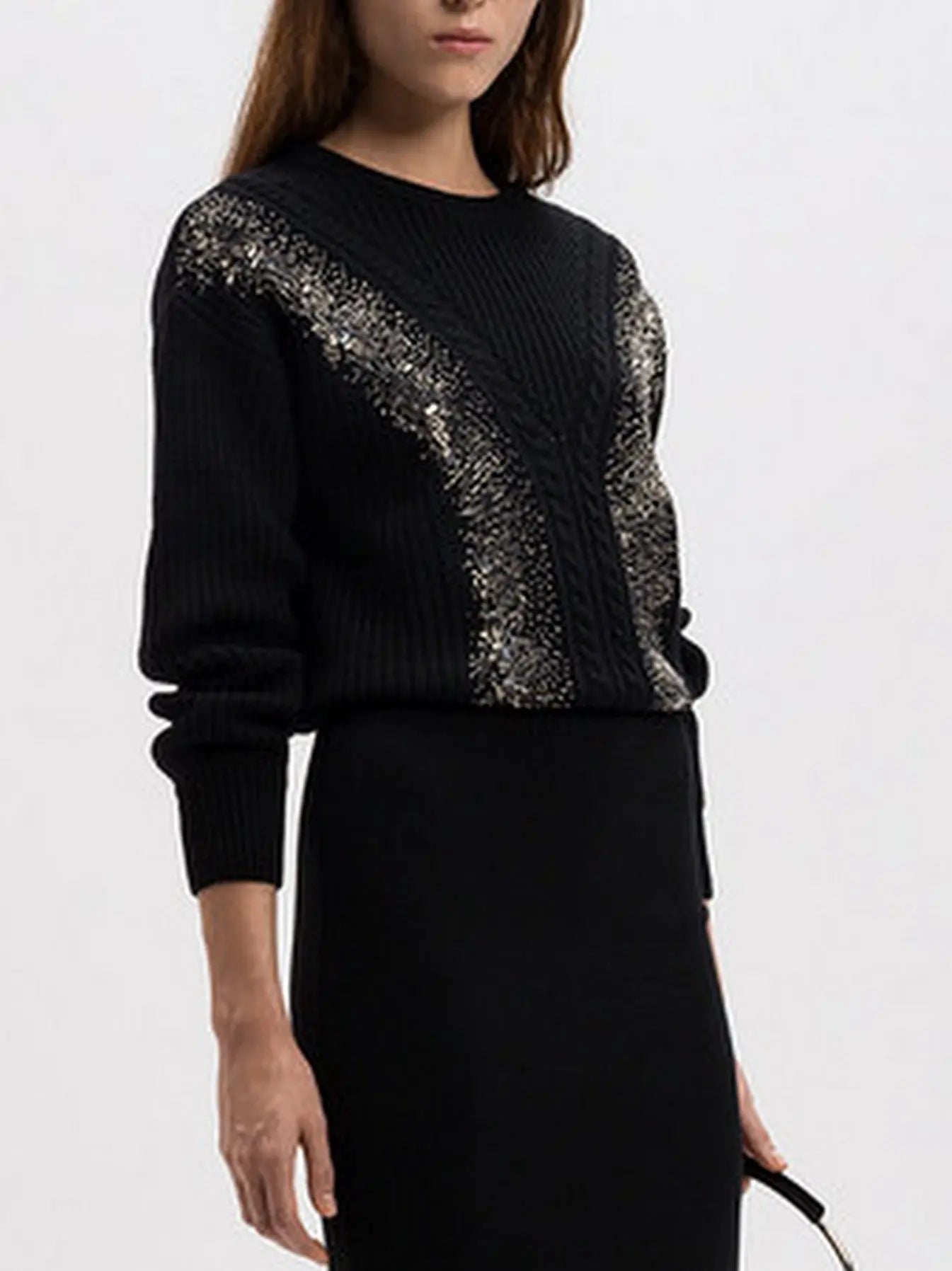 Embellished Cable Knit Sweater in Black - Sweaters & Knitwear