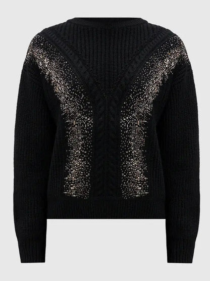 Embellished Cable Knit Sweater in Black - Sweaters & Knitwear