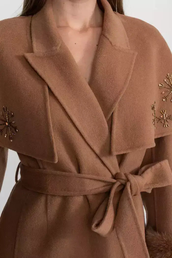 Embellished Cashmere-Blend Coat with Fox Fur Trim - Coats