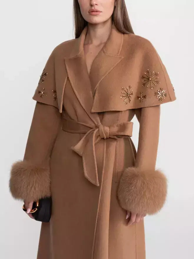Embellished Cashmere-Blend Coat with Fox Fur Trim - Coats