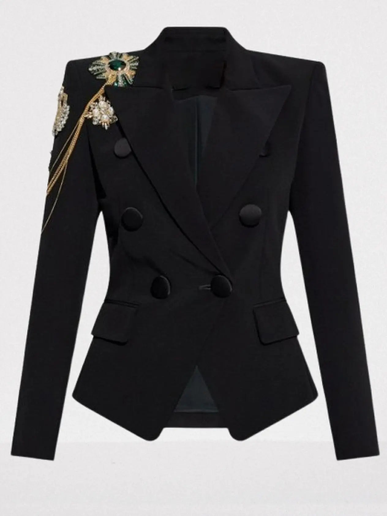 Embellished Chain-Detail Double-Breasted Black Blazer - Jackets