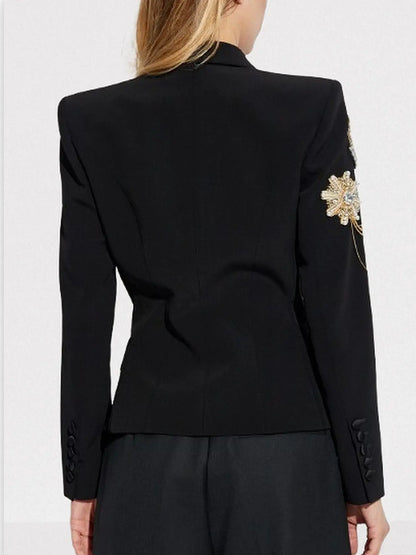 Embellished Chain-Detail Double-Breasted Black Blazer - Jackets