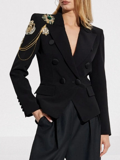 Embellished Chain-Detail Double-Breasted Black Blazer - Jackets