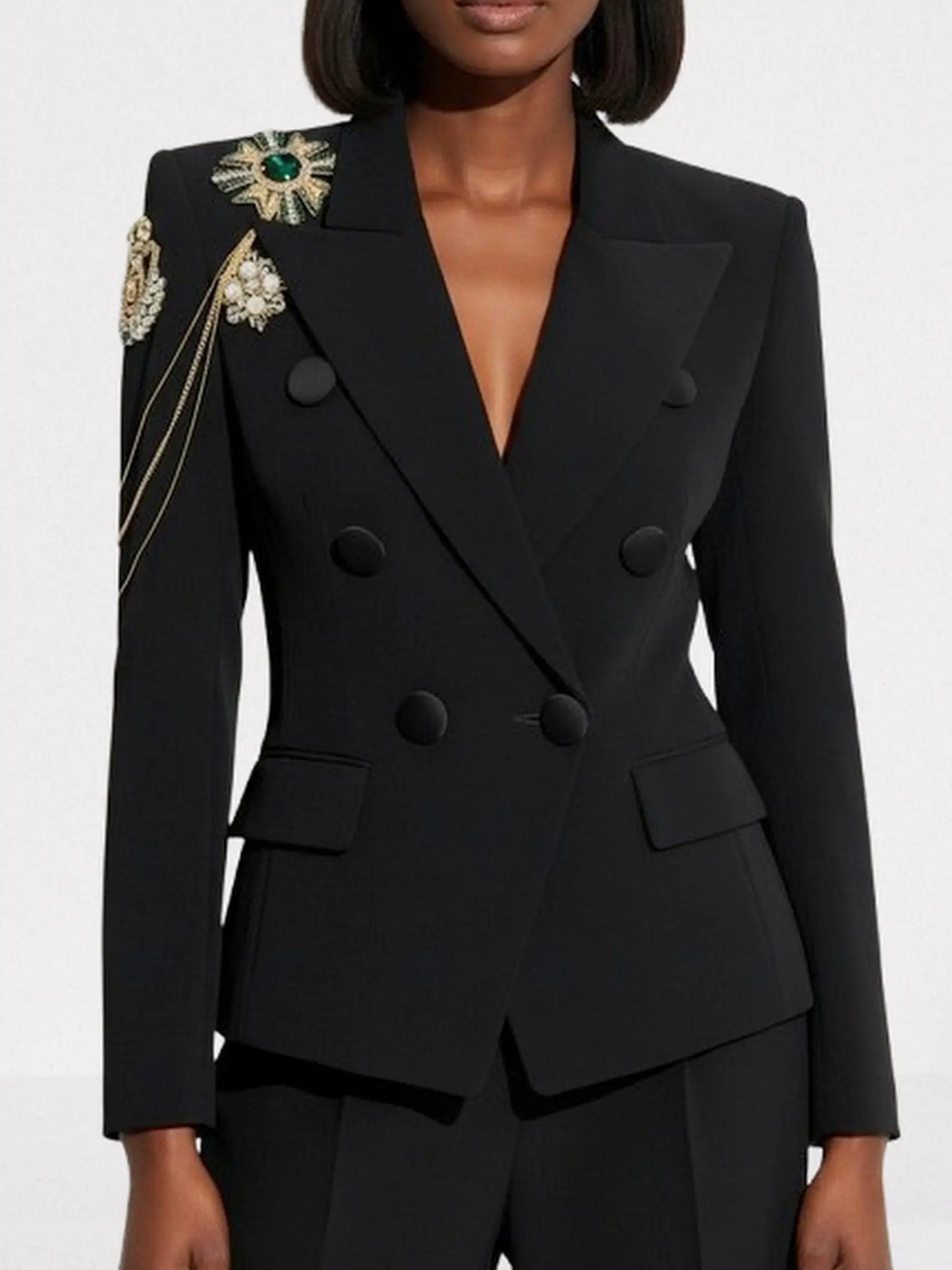 Embellished Chain-Detail Double-Breasted Black Blazer - Jackets